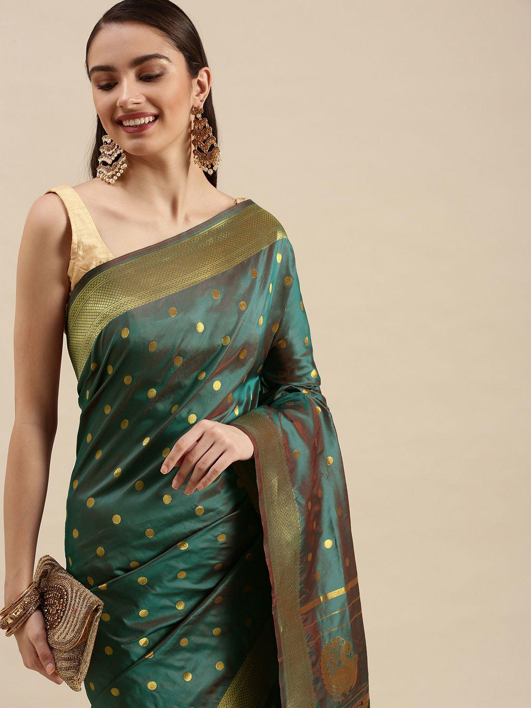 royal rajgharana saree teal green & gold polka dot zari celebrity paithani sarees