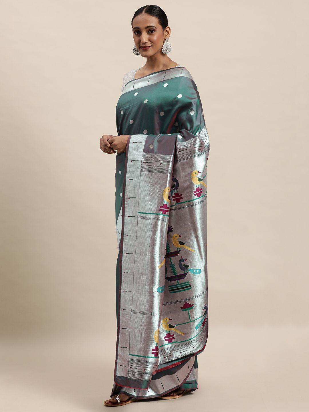 royal rajgharana saree teal green & silver ethnic motifs zari woven design paithani sarees