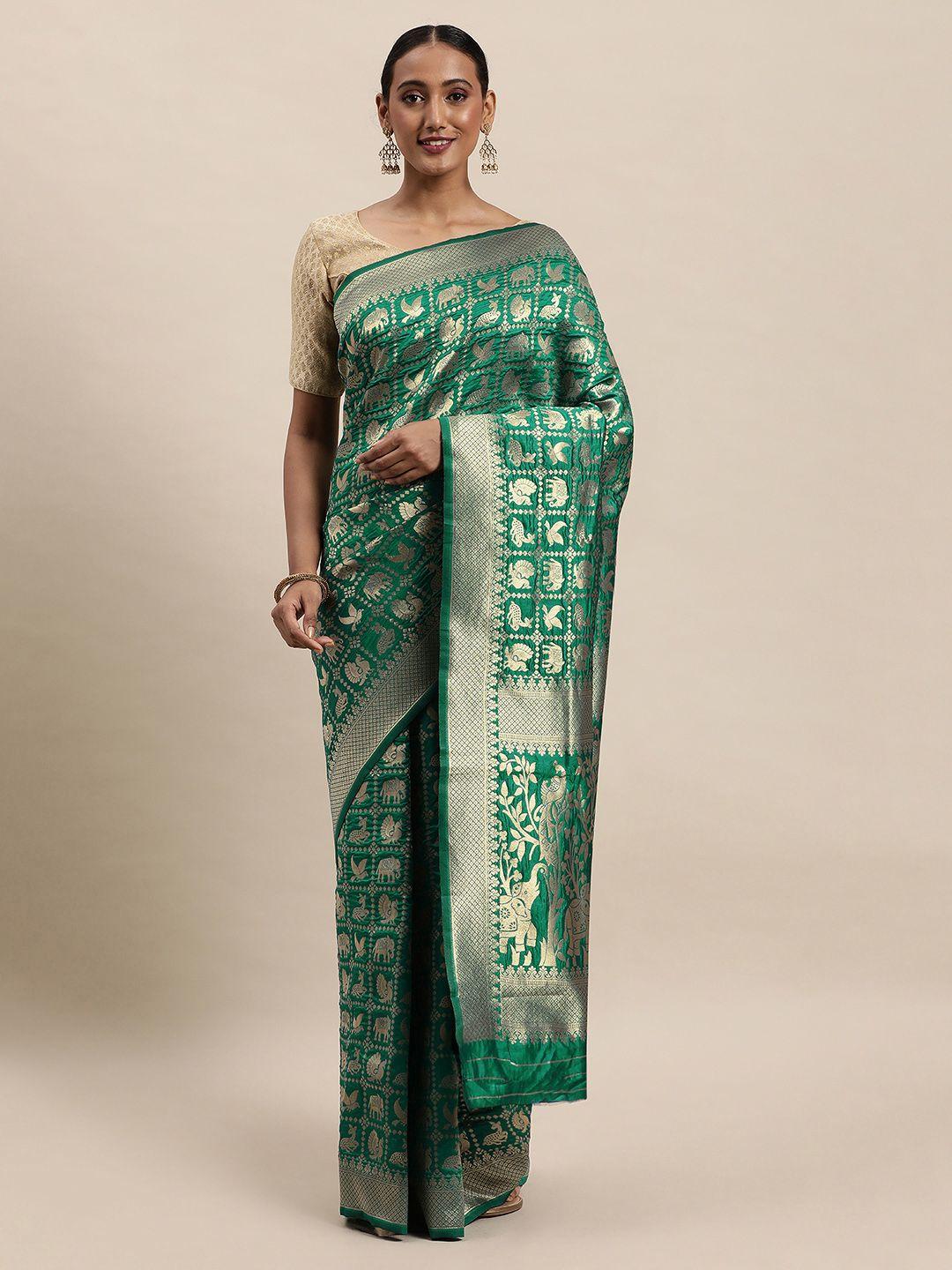 royal rajgharana saree teal green & silver woven design patola saree