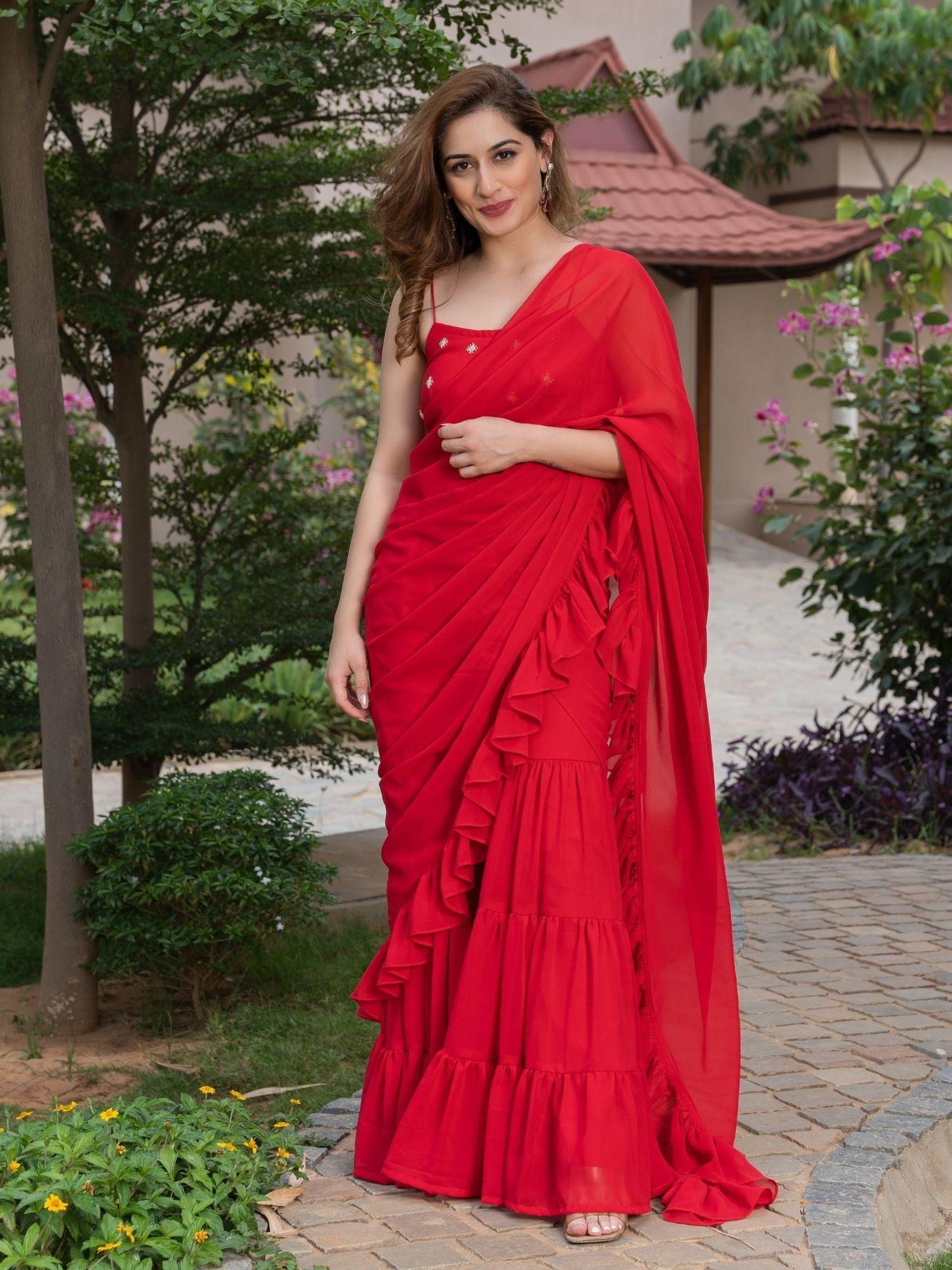 royal red ruffle sharara saree (set of 2)