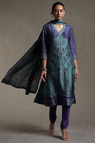 royal turquoise silk printed kurta set