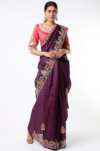 royal wine satin silk saree set with zardosi work