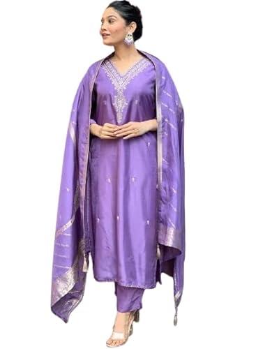 royalica new trending heavy viscose chanderi embroidery kurta & pent with jacquard dupatta (purple) (m)