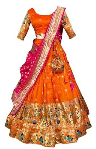 royalstyle women's banarasi jacquard silk (paithani) fabric with weaving zari work with handmade tassels semi-stitched lehenga choli set orange color