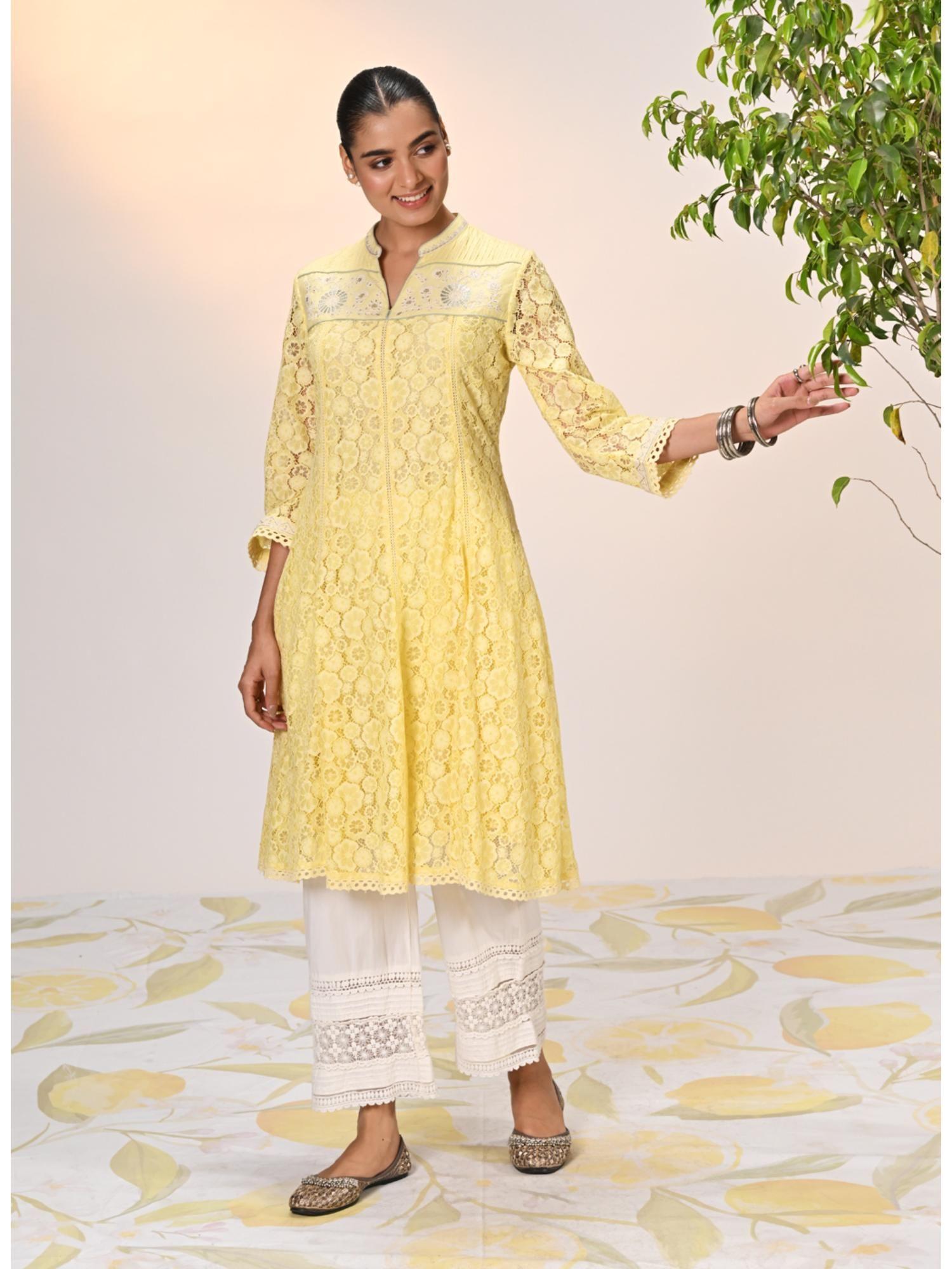 roza lemon embroidered raschel net designer kurta