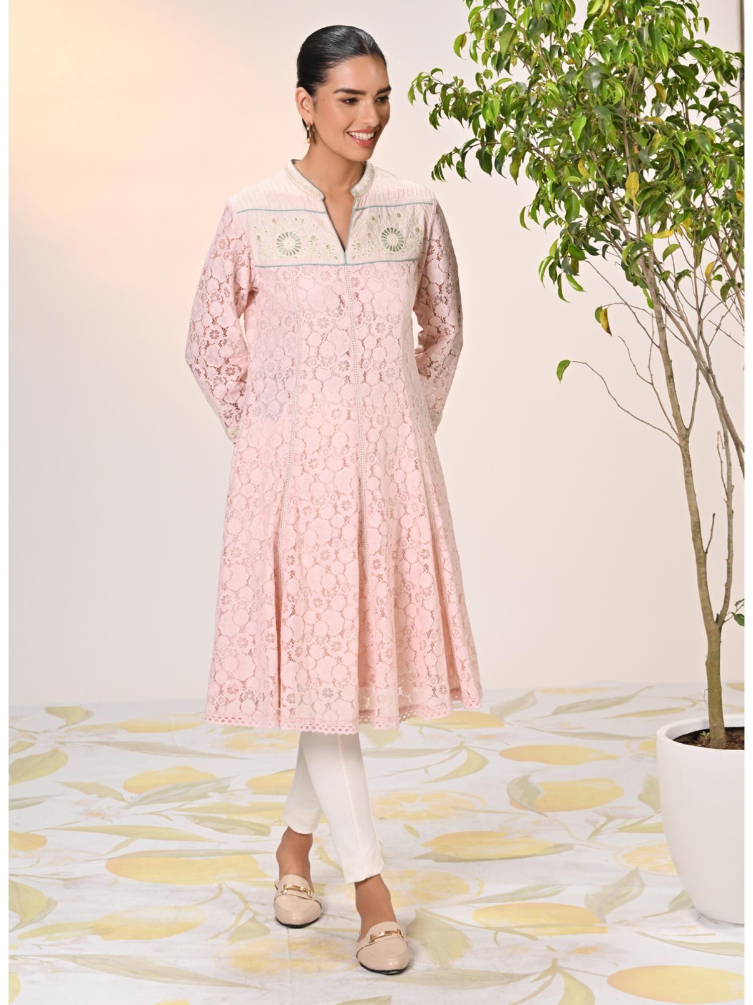 roza salmon embroidered raschel net designer kurta