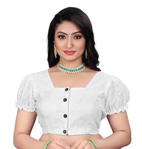 rp fashion women's pure cotton blouse with sweetheart neck & puff sleeve, readymade saree blouse for girls & women, solid white stretchable comfy stylish hakoba design choli(size-34)