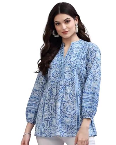 rr fashion house printed top for women | women printed top | round neck short kurti for women | regular fit top | women top | flower print top | cotton | blue|s