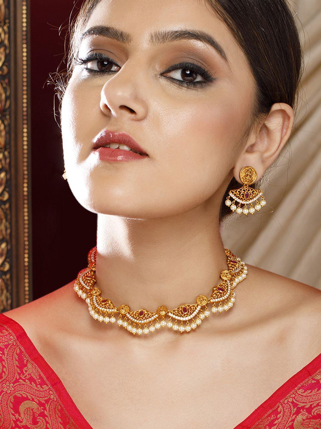 rubans 24k gold-plated gold-toned & ruby kundan-studded jewellery set