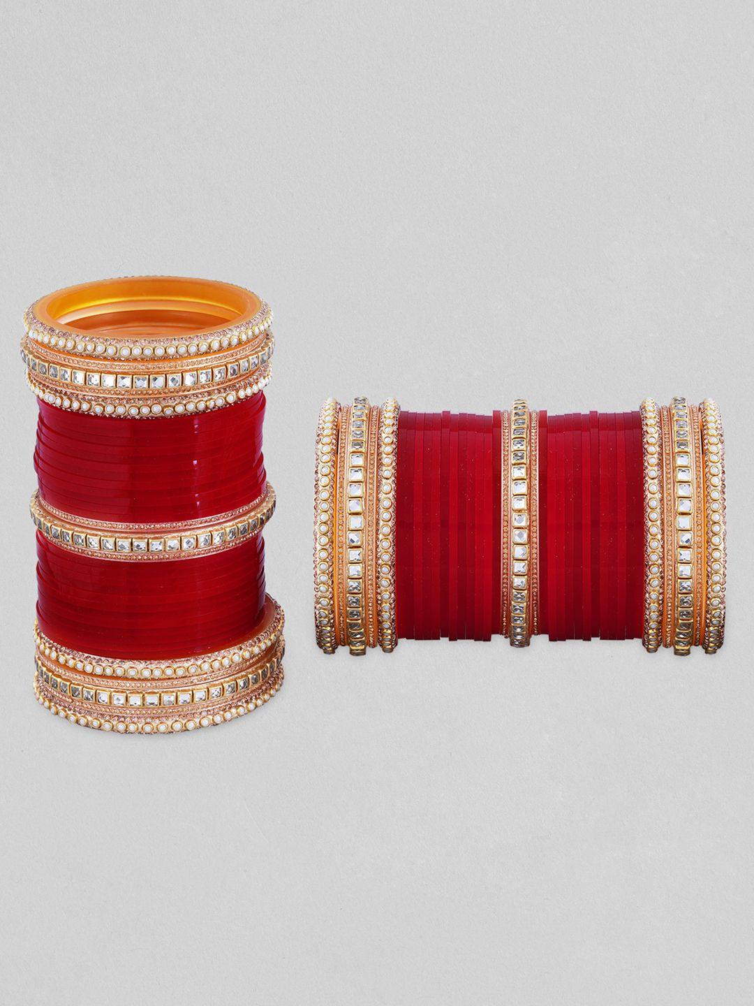 rubans 30 pcs maroon & gold-toned studded pearls & american diamonds chura bangles