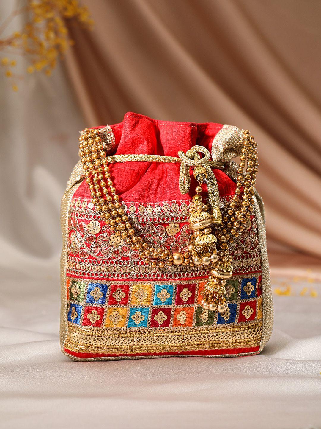 rubans red & gold-toned embroidered potli clutch