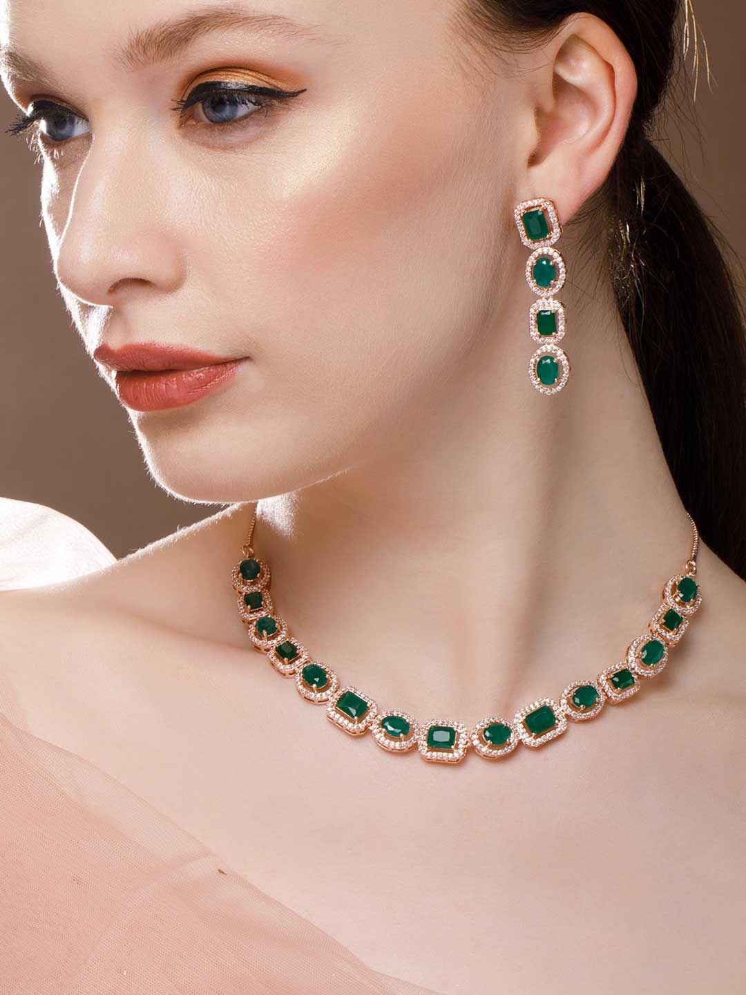 rubans rose gold-plated green & white ad studded jewellery set