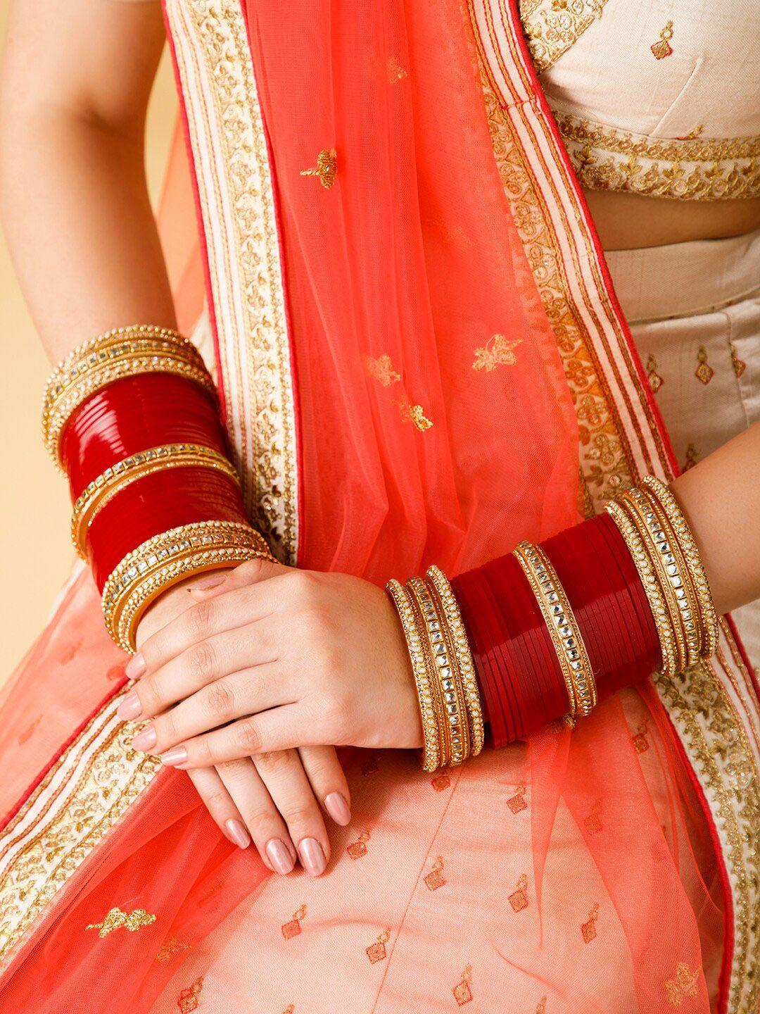 rubans set of 30 gold-plated pearls and american diamond studded bridal bangle set