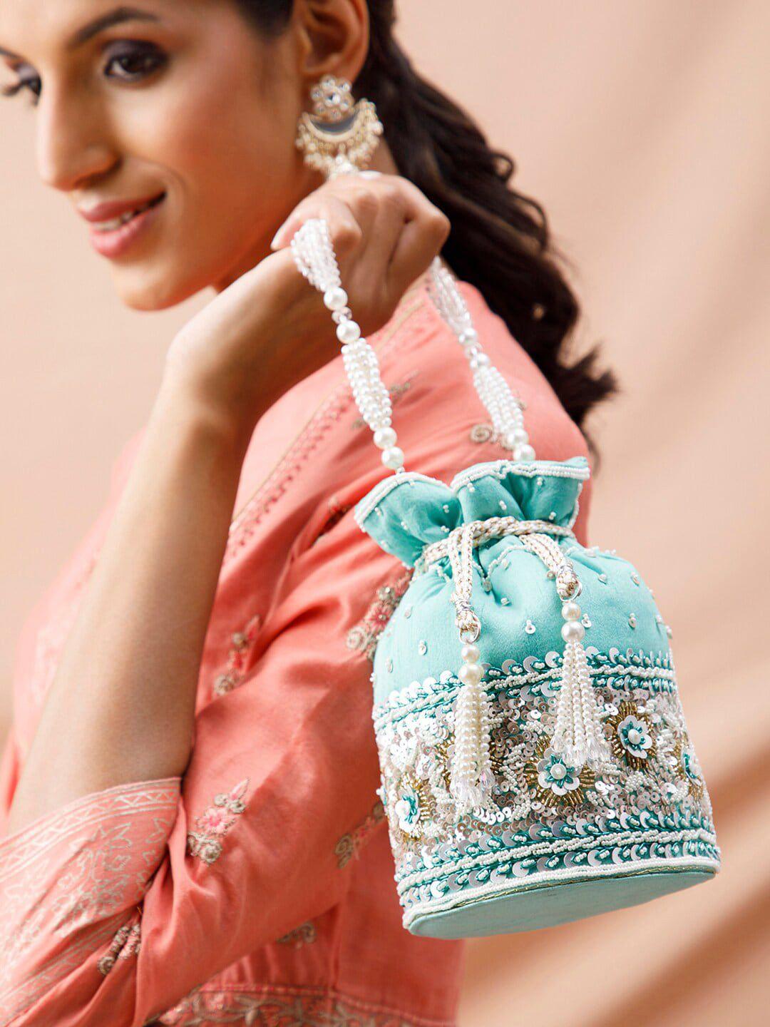 rubans turquoise blue embroidered potli clutch
