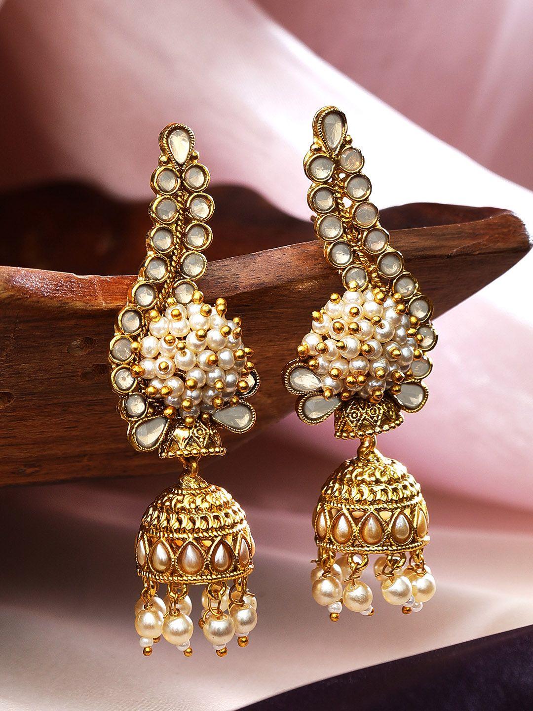 rubans white-toned & gold-plated dome shaped chandelier jhumkas earrings