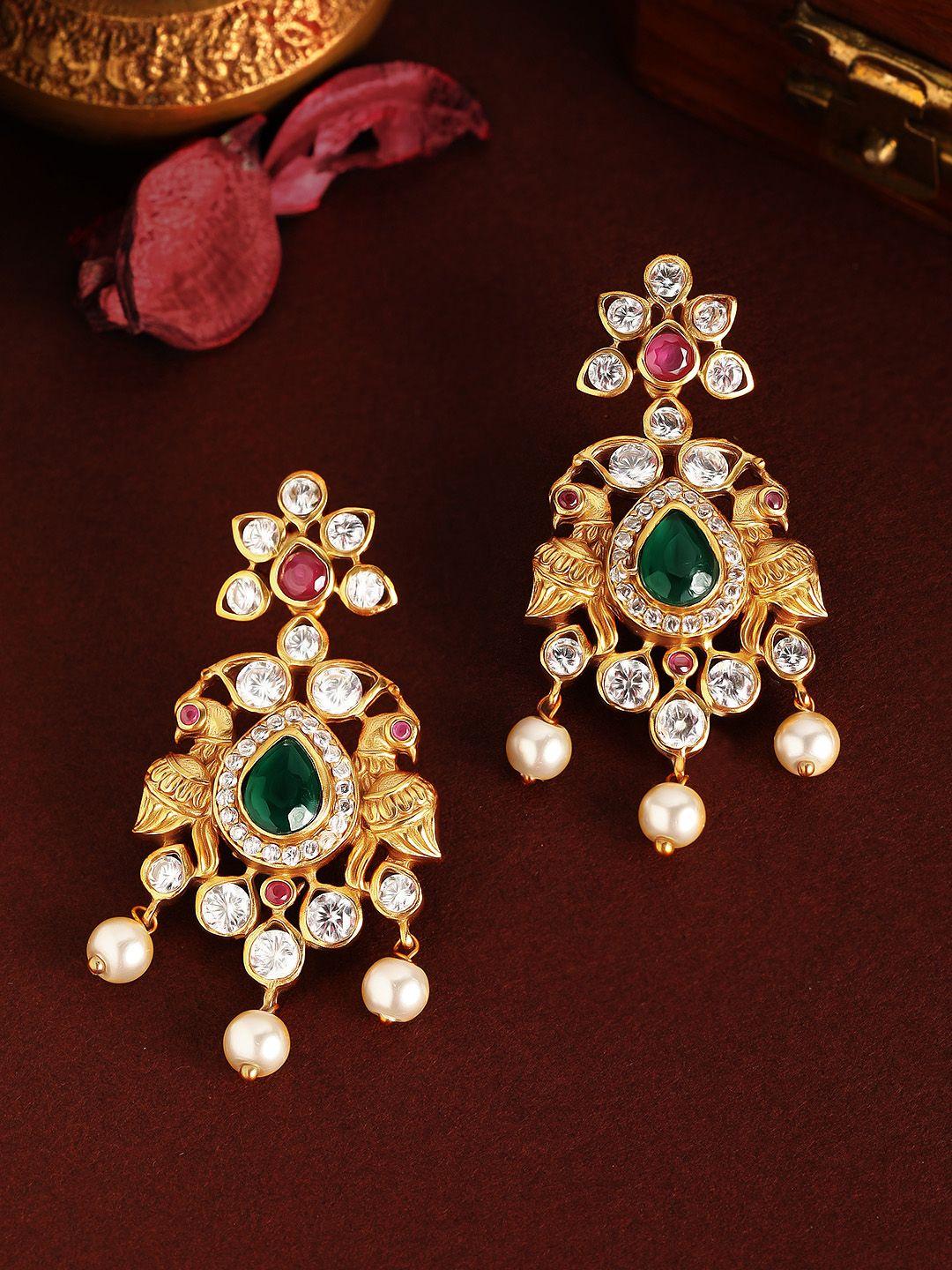 rubans 22k gold-plated & green peacock shaped drop earrings