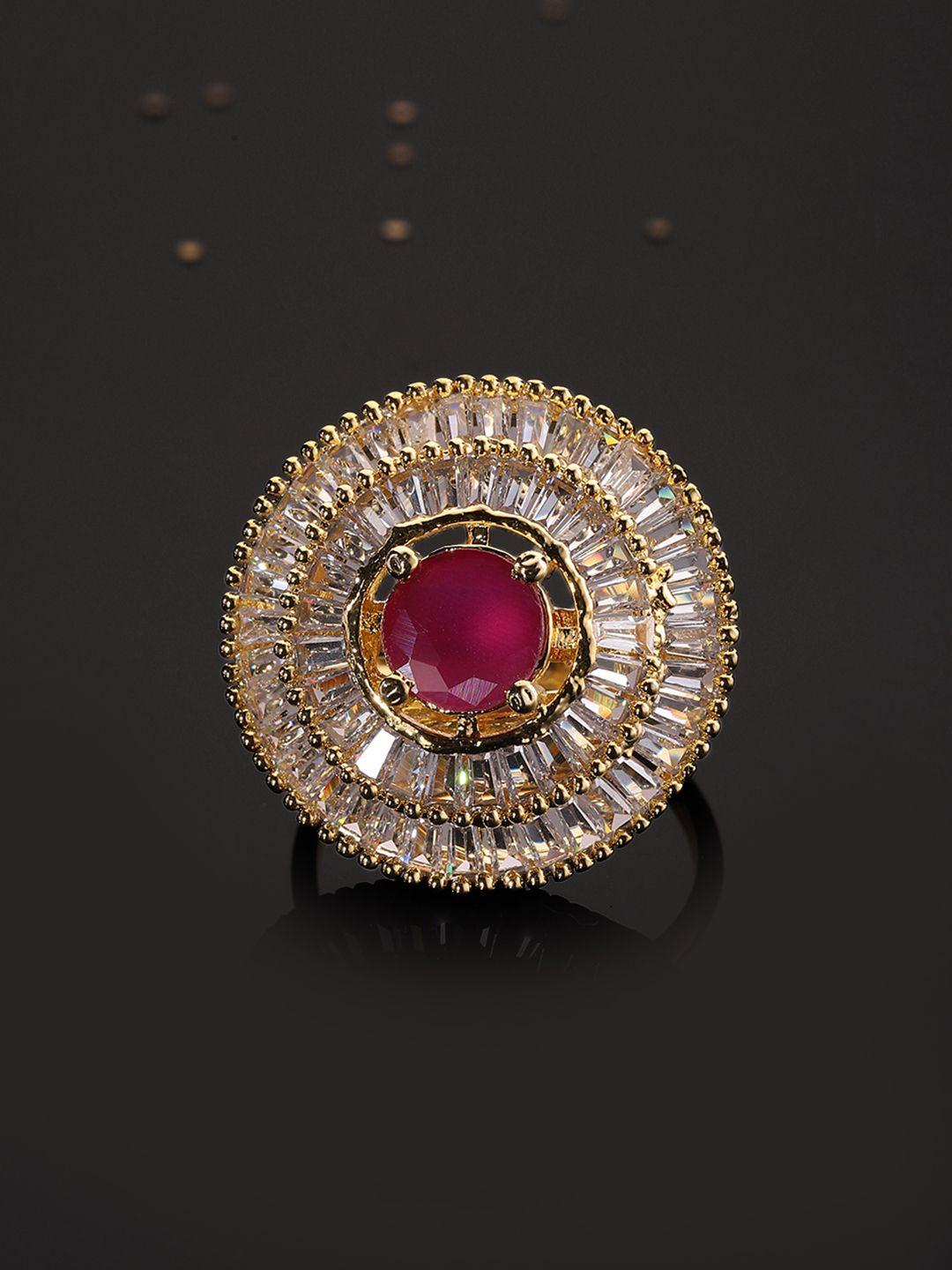 rubans 22k gold plated red & white american diamond studded finger ring