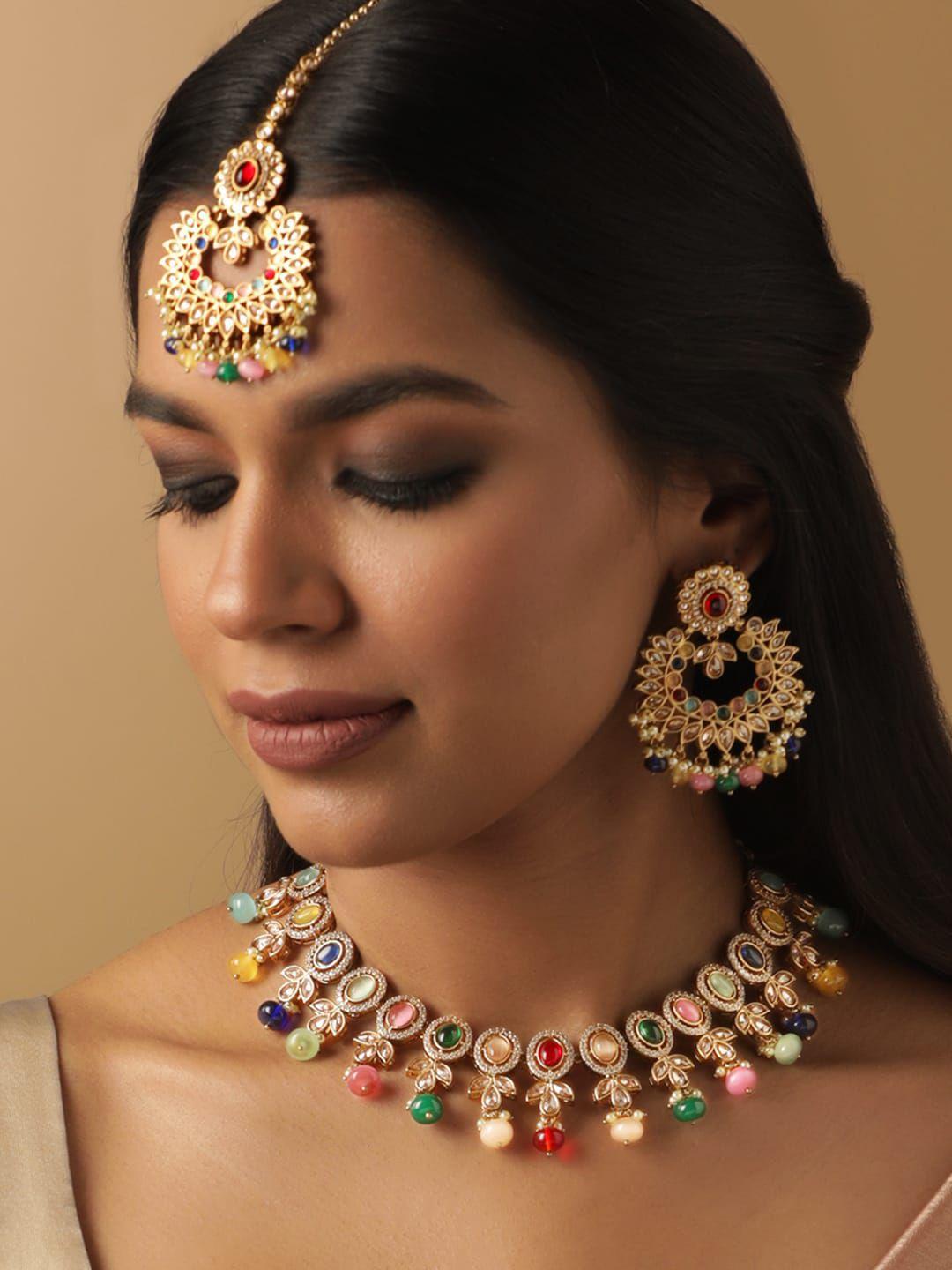 rubans 22k gold-plated reverse ad-studded & beaded jewellery set