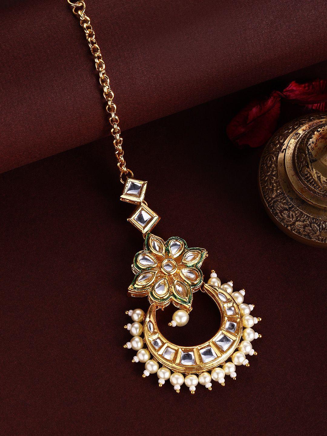 rubans 24k gold-plated & off-white kundan & pearl embellished handcrafted maang tikka
