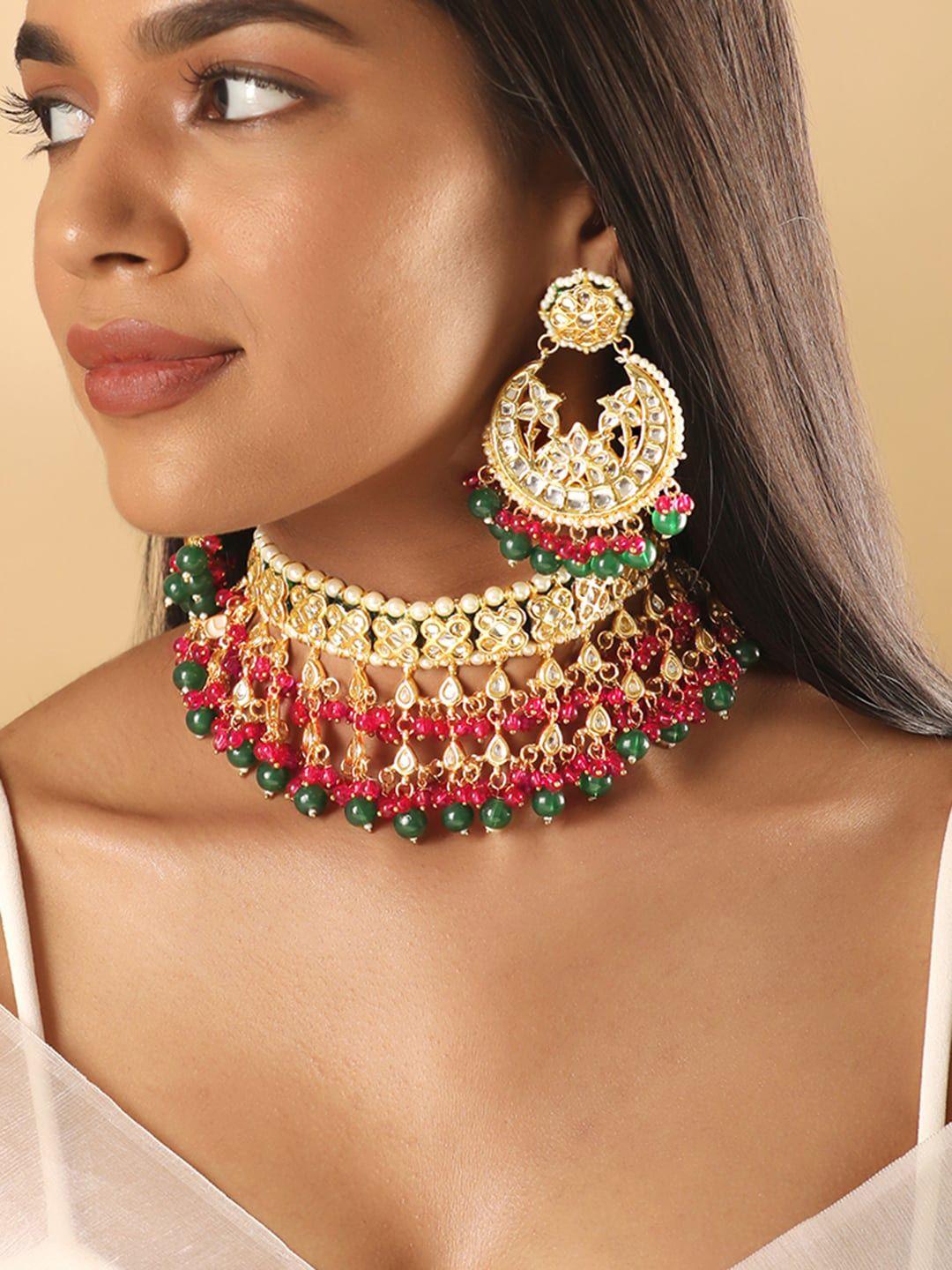 rubans 24k gold-plated kundan-studded & beaded jewellery set