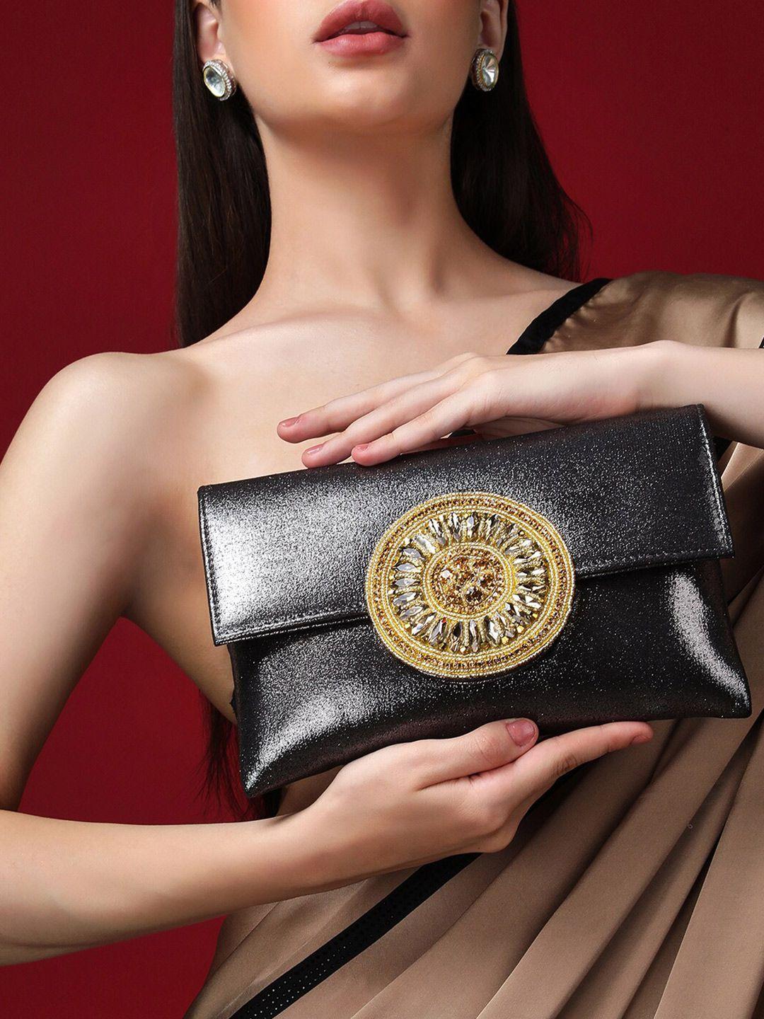 rubans black & gold-toned embellished purse clutch