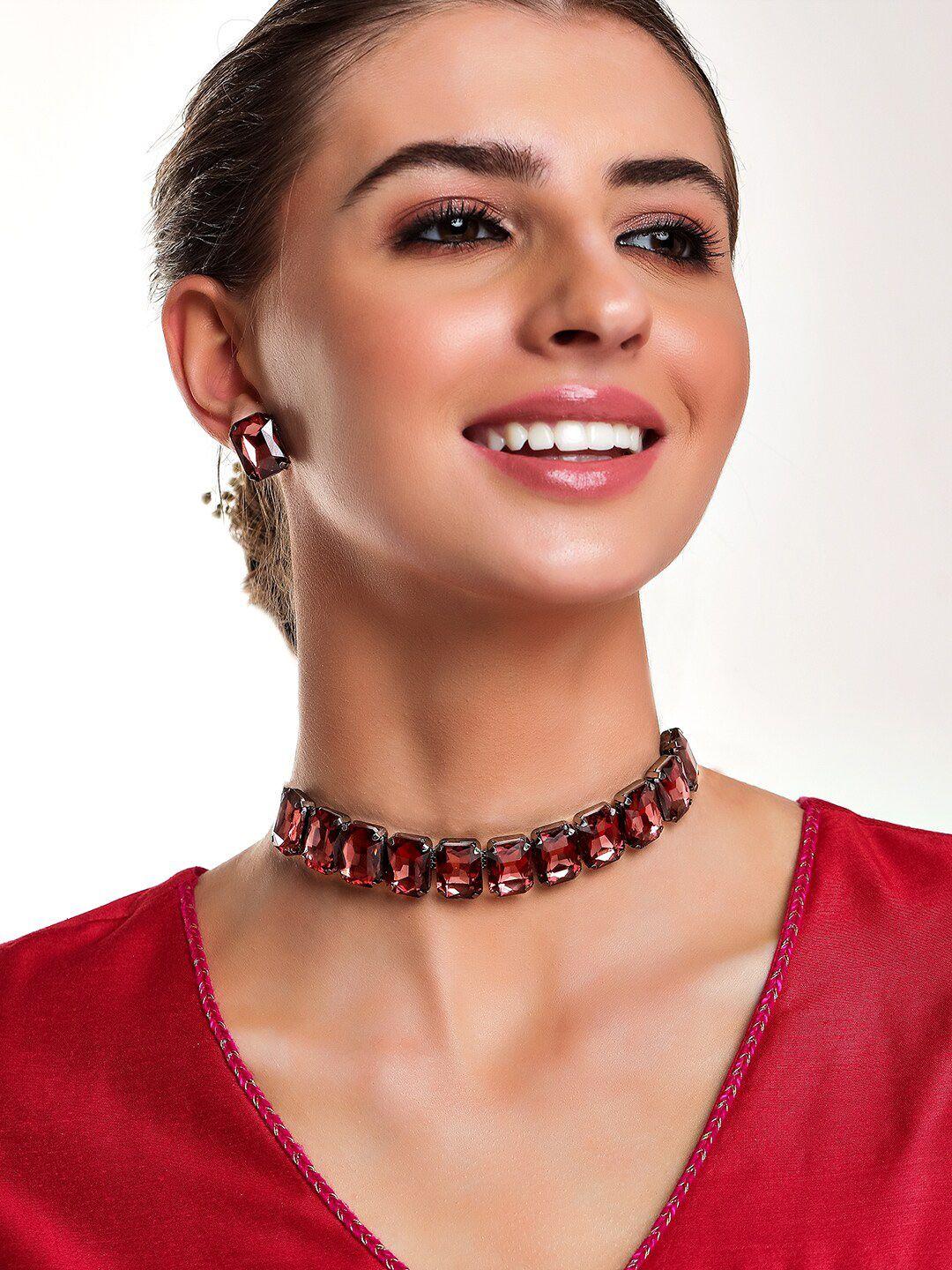 rubans black & maroon stone studded jewellery set