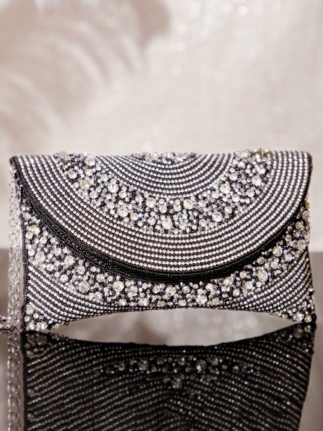 rubans black & white embellished embroidered purse