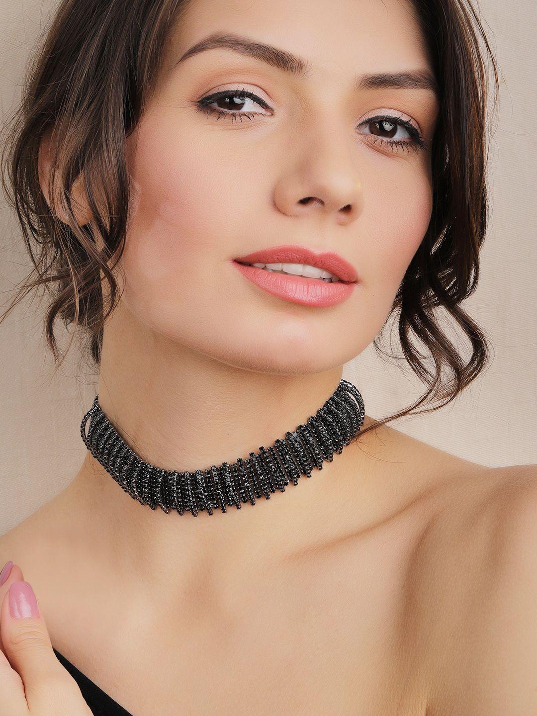 rubans black metal handcrafted rhinestone choker