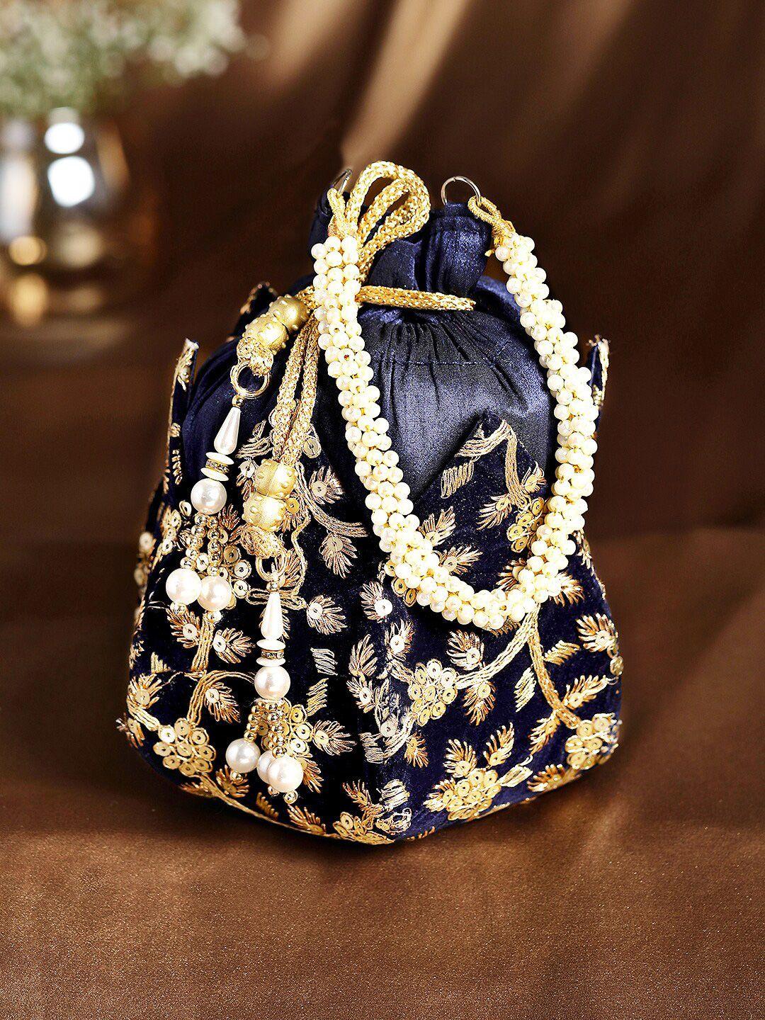 rubans blue & gold-toned embroidered potli clutch