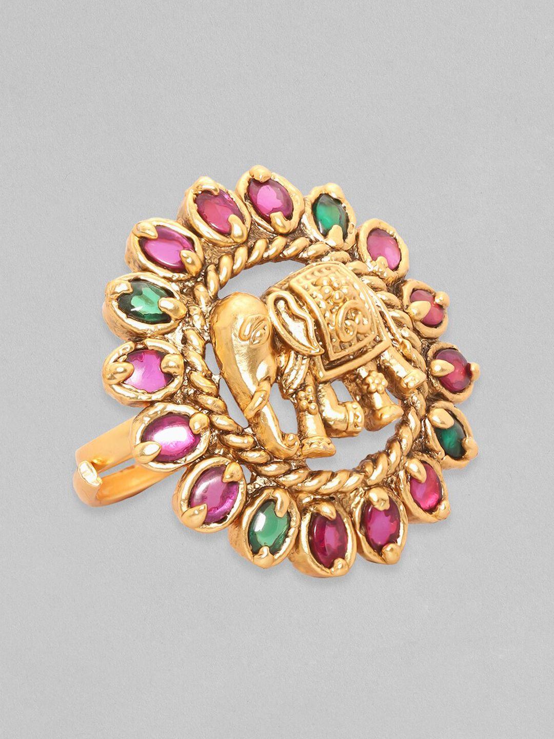 rubans gold-plated cz-studded elephant motif temple finger ring