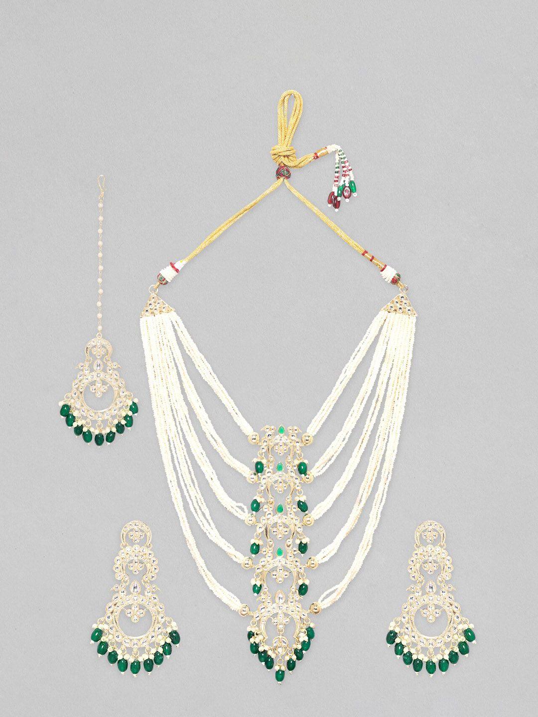 rubans gold-plated green kundan-studded & beaded jewellery set