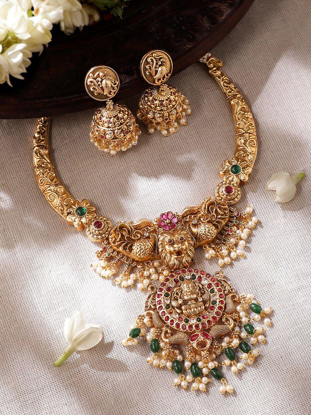 rubans gold plated studded & beaded temple jewellery set