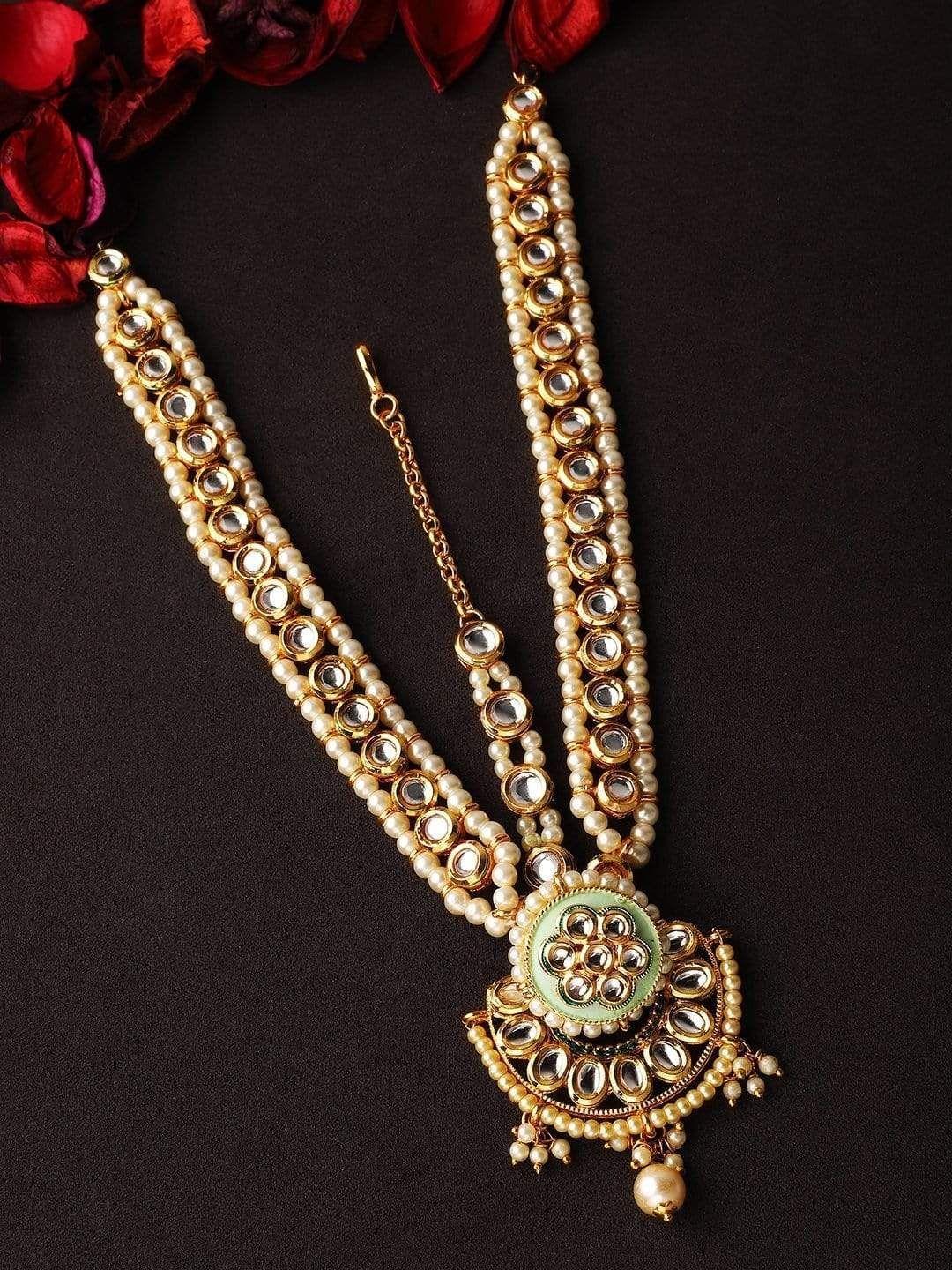 rubans gold-plated white & sea green kundan-studded & beaded handcrafted matha patti