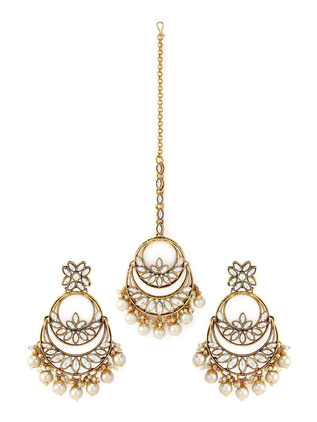 rubans gold-plated white kundan-studded & beaded handcrafted jewellery set