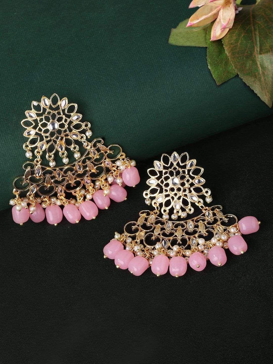 rubans gold-toned & pink crescent shaped chandbalis