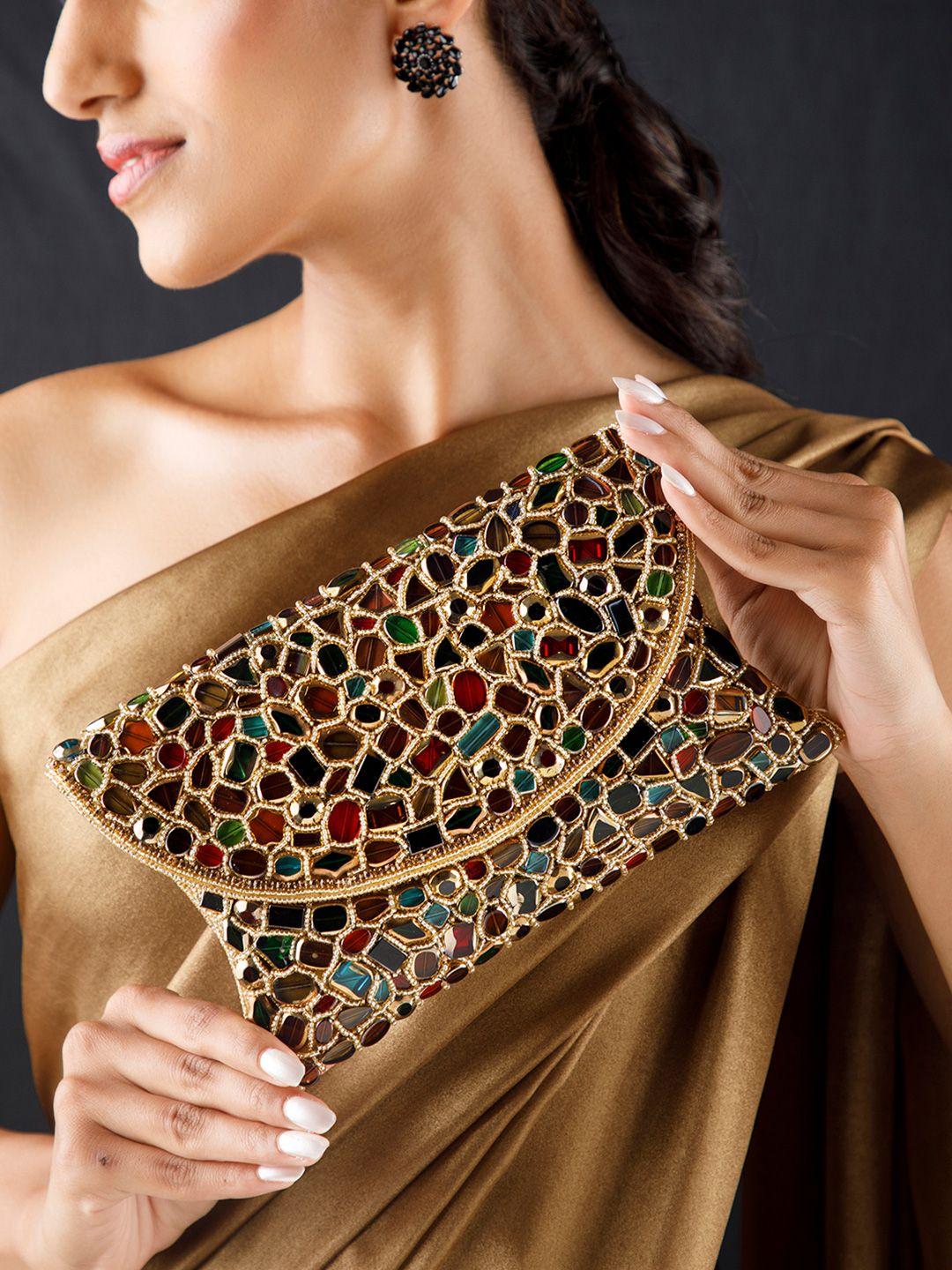 rubans gold-toned & red embellished purse clutch