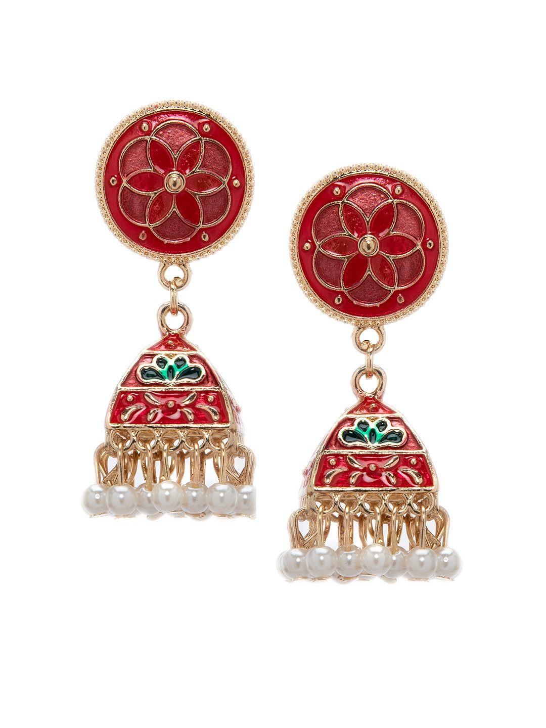 rubans gold-toned & red leaf shaped jhumkas