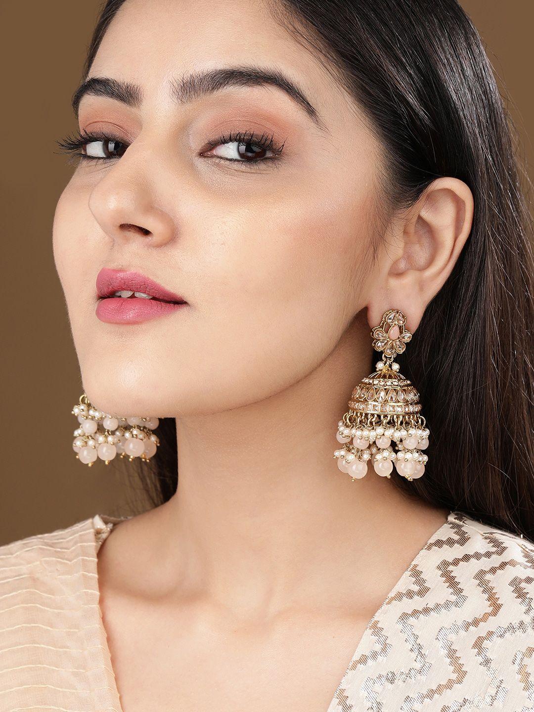 rubans gold-toned pearls beaded dome shaped traditional jhumkas earrings