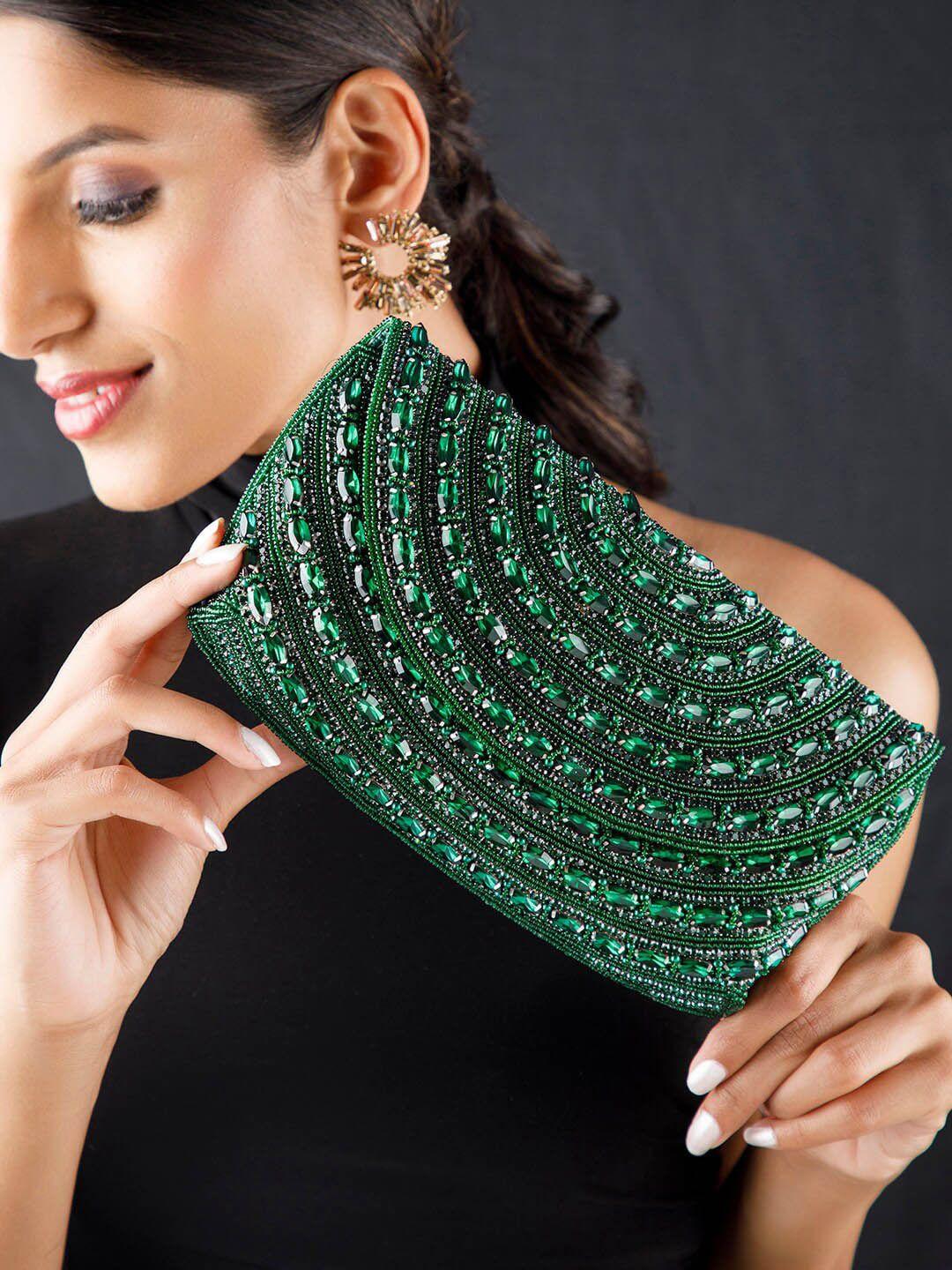 rubans green embellished embroidered box clutch