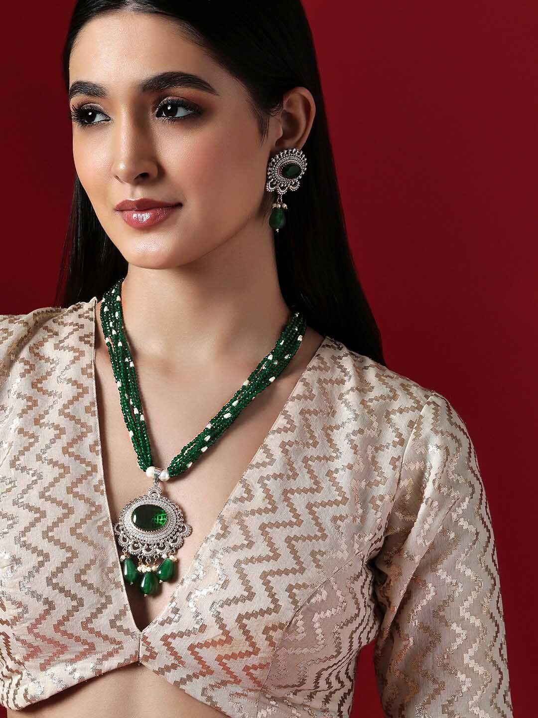 rubans green silver-plated ad studded & stone-beaded jewellery set