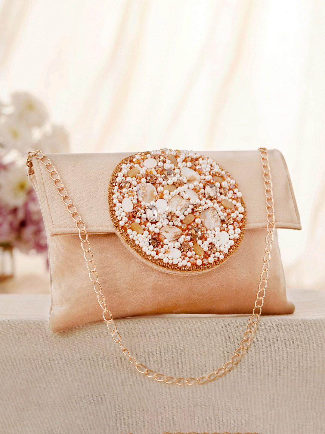 rubans off white & brown embellished embroidered purse clutch