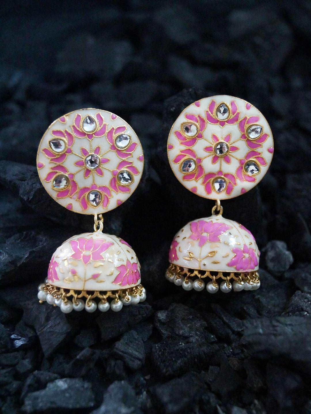 rubans off-white & pink enamel kundan jhumkas with pearls