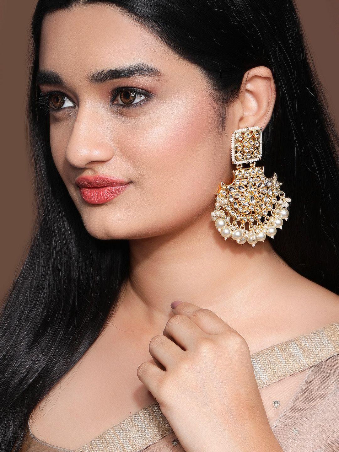 rubans off-white gold-plated kundan-studded and pearl-beaded handcrafted chandbalis