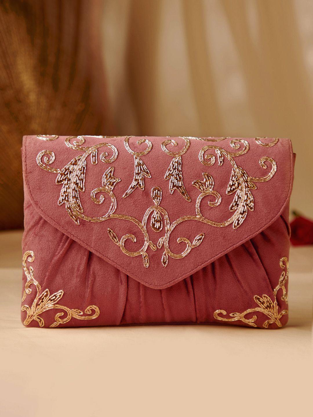 rubans pink & gold-toned embroidered box clutch