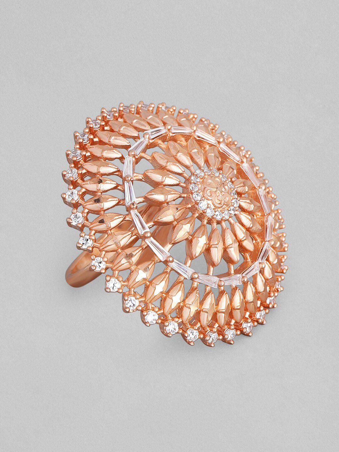 rubans rose gold-plated white cz studded filgree handcrafted broad finger ring