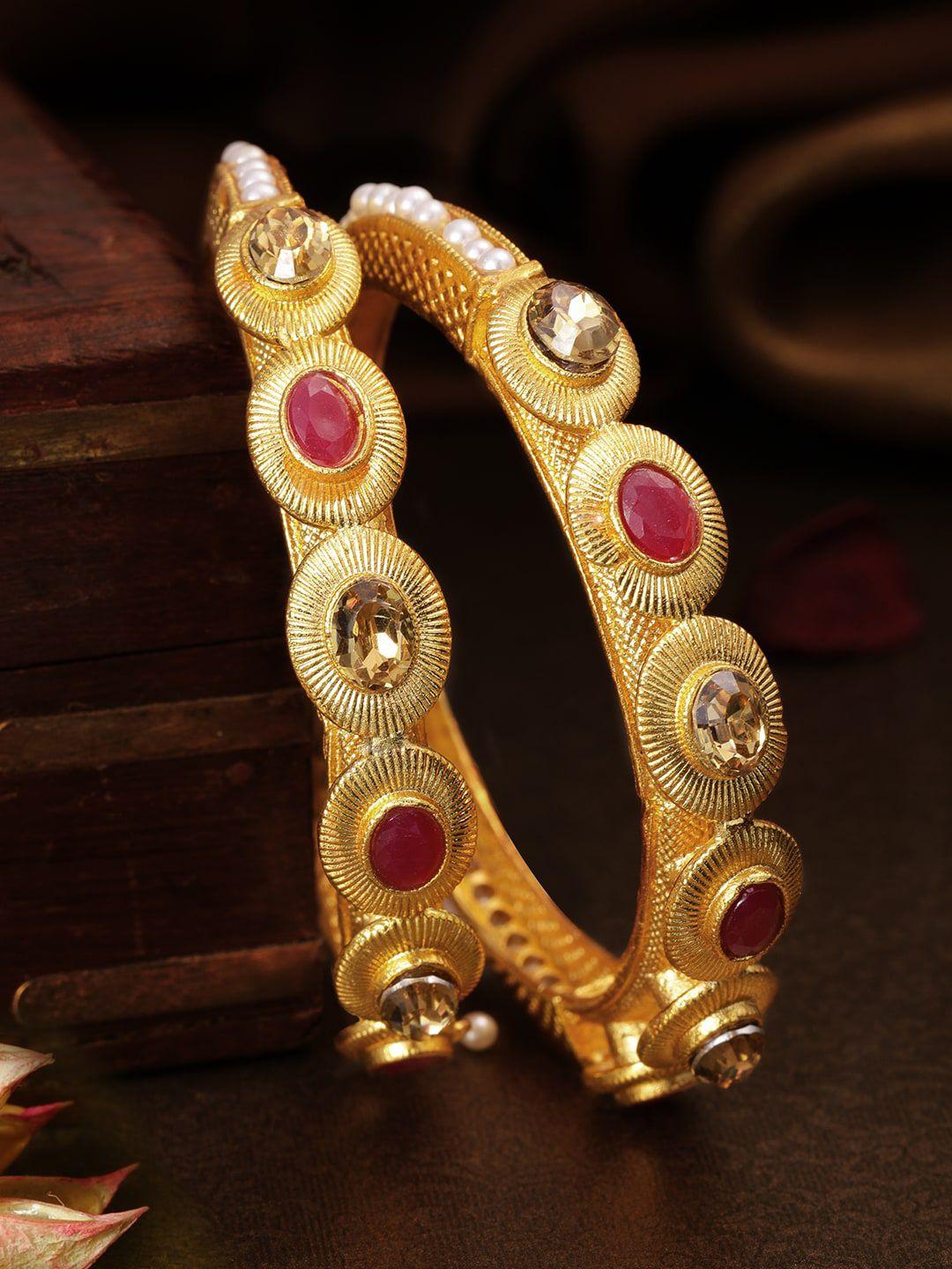 rubans set of 2 22kt gold-plated red & brown pearls & stone-studded bangles