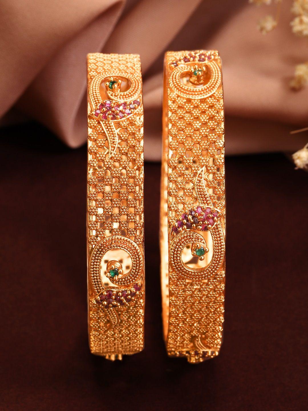 rubans set of 2 gold-plated red & green ruby & stone-studded bangles