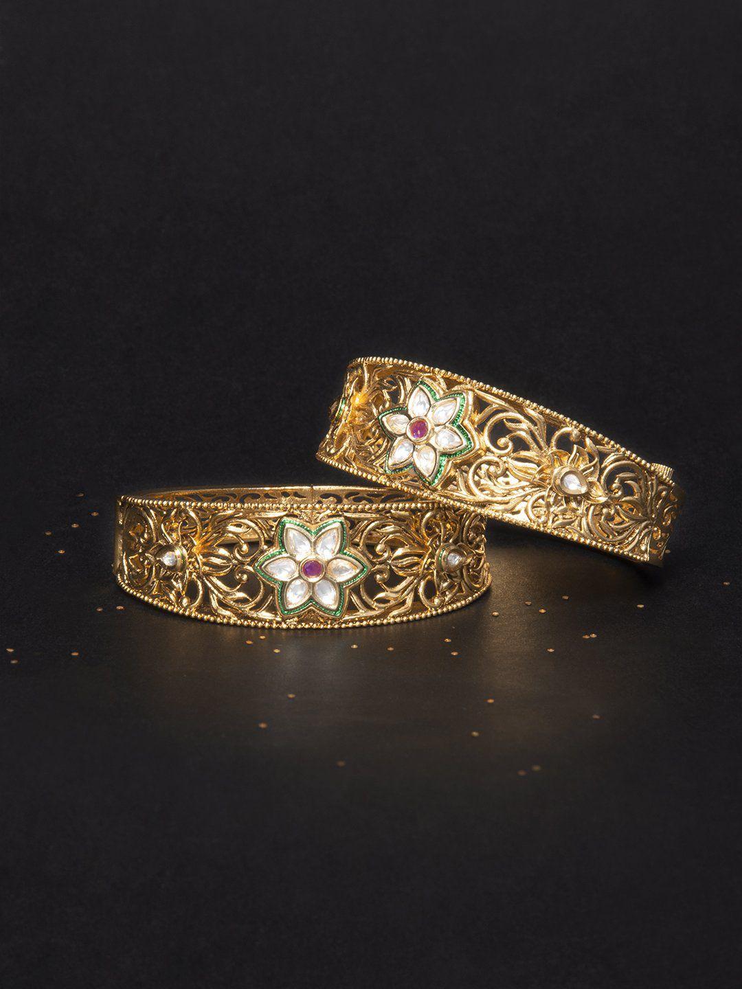 rubans set of 2 gold-plated white stone-studded faux ruby handcrafted bangles