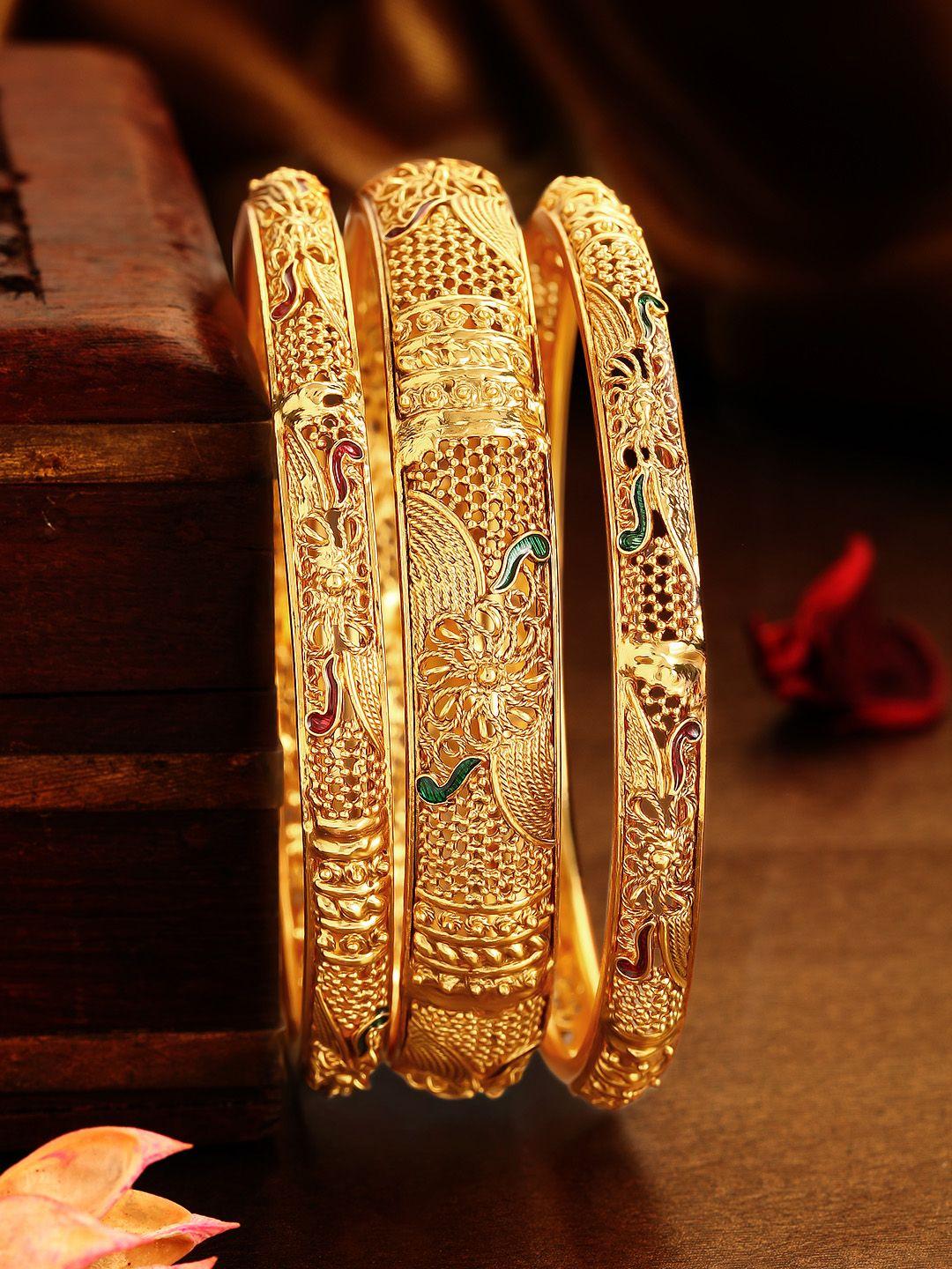 rubans set of 3 22k gold-plated red & green enamelled handcrafted bangles