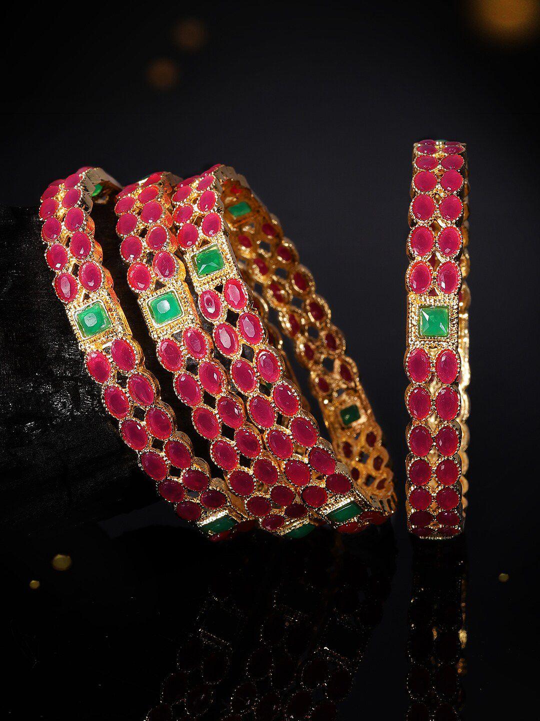 rubans set of two 22k gold-plated pink & green stone-studded sustainable handcrafted bangles